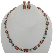Inlaid Apple Coral Opal Silver Necklace Set 27714