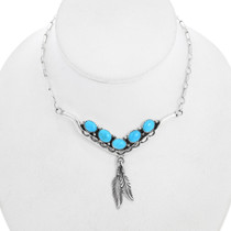 Turquoise Silver Feather Dangle Link Necklace 29254