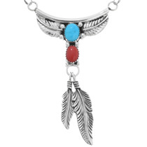 Turquoise Coral Silver Feather Necklace 29961