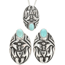 Turquoise Silver Thunderbird Pendant Set With Post Earrings 30461