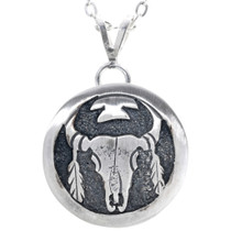 Buffalo Skull Feathers Silver Pendant 30753