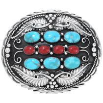 Navajo Turquoise Coral Silver Belt Buckle 31391