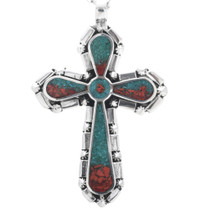 Turquoise Coral Silver Cross Pendant 32834