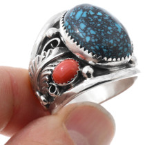 Turquoise Coral Sterling Silver Mens Ring 33691