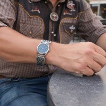 Navajo Overlaid Silver Mens Watch Traditional Rug Pattern Tips 33693