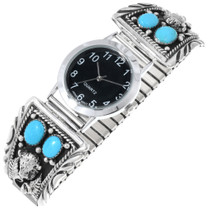 Navajo Sterling Silver Turquoise Buffalo Watch 34371