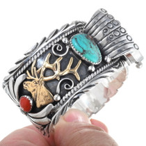 Navajo Silver Gold Turquoise Elk Bracelet 34424