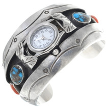 Old Pawn Bisbee Turquoise Coral Silver Watch 34860