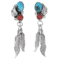 Turquoise Coral Silver Feather Earrings 35325