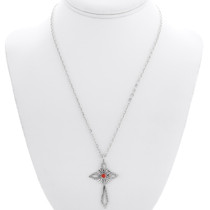 Silver Cross Coral Set Navajo Pendant 35844