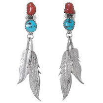 Navajo Turquoise Coral Feather Earrings 35893