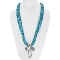 Silver Cross Pendant Turquoise Beaded Necklace 38011