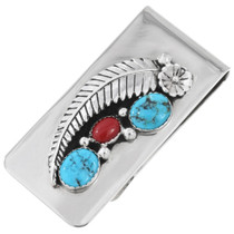 Native American Turquoise Coral Silver Money Clip 24292