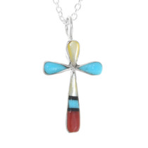 Small Gemstone Inlay Zuni Cross Pendant 41275