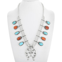 Navajo Turquoise Spiny Oyster Squash Blossom Necklace 41276