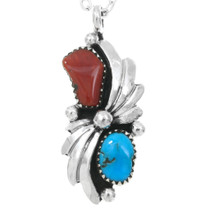 Navajo Sterling Silver Coral Natural Turquoise Pendant 41894