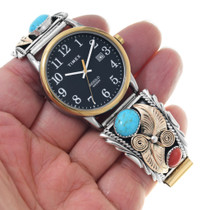 Native American Sterling Silver Coral Turquoise Watch 42653