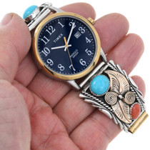 Native American Sterling Silver Coral Turquoise Watch 42653