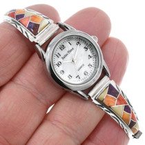 Southwest Sterling Silver Multi Stone Inlay Watch 43584