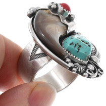 Sterling Silver Coral Turquoise Genuine Bear Claw Ring 44324