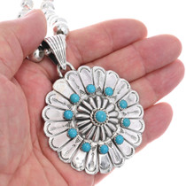 Large Native American Turquoise Sterling Silver Round Concho Pendant 44682
