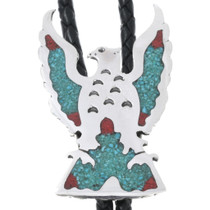 Turquoise Coral Chip Inlay Thunderbird Bolo Tie 44727