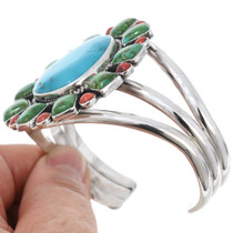 Navajo Sterling Silver Cuff Bracelet Blue Turquoise Center Stone Coral Accents 44731