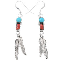 Navajo Coral Turquoise Sterling Silver Feather Earrings 44762