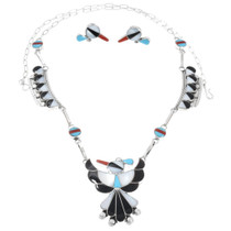 Zuni Inlaid Sterling Silver Thunderbird Necklace Set 46158