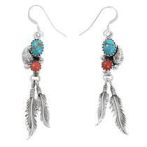 Navajo Sterling Silver Coral Turquoise Feather Earrings 46216