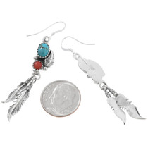 Southwest Native American Turquoise Silver Feather Dangle Earrings 46216