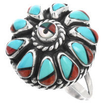 Vintage Zuni Inlaid Sunface Cluster Turquoise Coral Ring 46250