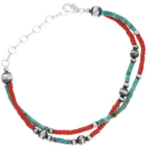 Navajo Coral Turquoise Beaded Heishi Tennis Bracelet 46281