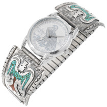 Vintage Mens Turquoise Coral Silver Navajo Waterbird Chip Inlay Watch Tip by Delvin Nelson 0412