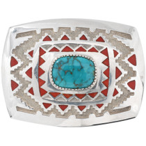 Vintage Turquoise Coral Silver Navajo Belt Buckle by Michael Perry 4036