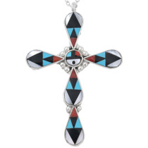 Zuni Sunface Cross Pendant Coral Turquoise Inlay 46424