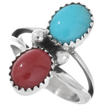 Navajo Sterling Silver Coral Turquoise Ring 46489