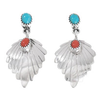 Navajo Coral Turquoise Sterling Silver Leaf Earrings 46504