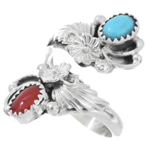 Navajo Sterling Silver Coral Turquoise Bypass Ring 46533