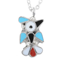 Zuni Inlaid Sterling Silver Turquoise Thunderbird Pendant 46574