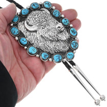 Large Sterling Silver Buffalo Turquoise Bolo Tie 46649