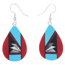 Turquoise Coral Southwest Pueblo Pattern Inlay Earrings 48228