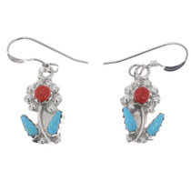 Sterling Silver Red Coral Turquoise Zuni Flower Earrings 48269