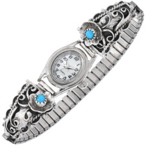 Ladies Sleeping Beauty Turquoise Sterling Silver Flower Navajo Watch Tips 0412