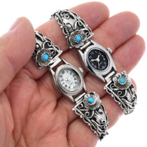 Ladies Sleeping Beauty Turquoise Sterling Silver Flower Navajo Watch Tips 0412