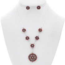 Zuni Sterling Silver Red Coral Necklace Earrings Set 48377