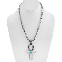 Turquoise Cross Pendant Vintage Sterling Silver Chain Link Necklace 0854