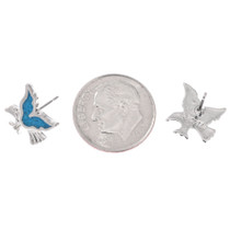 Silver Colored Bird Post Dangle Earrings with Turquoise Colored Wings 7049