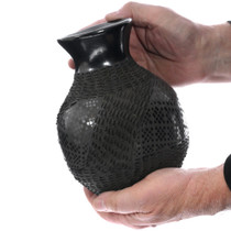 Hand Painted Etched Mata Ortiz Blackware Vase Checkered Eye Dazzler Design 48535