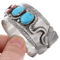 Old Pawn Sterling Silver Turquoise Coral Zuni Snake Bracelet Effie Calavaza 48599